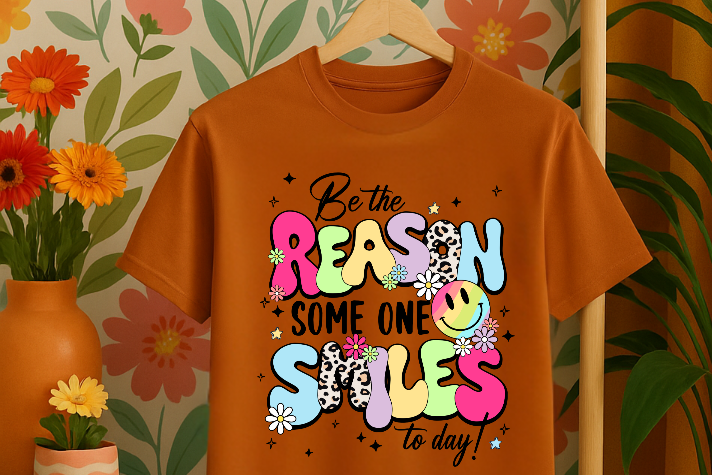 Orange t-shirt with colorful text design on a hanger against a floral wall.